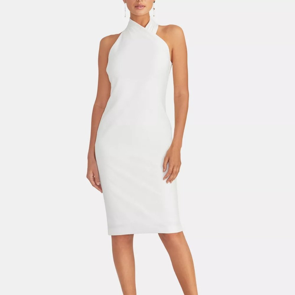new RACHEL ROY FITTED white dress halter Sheath MIDI classy wedding resort